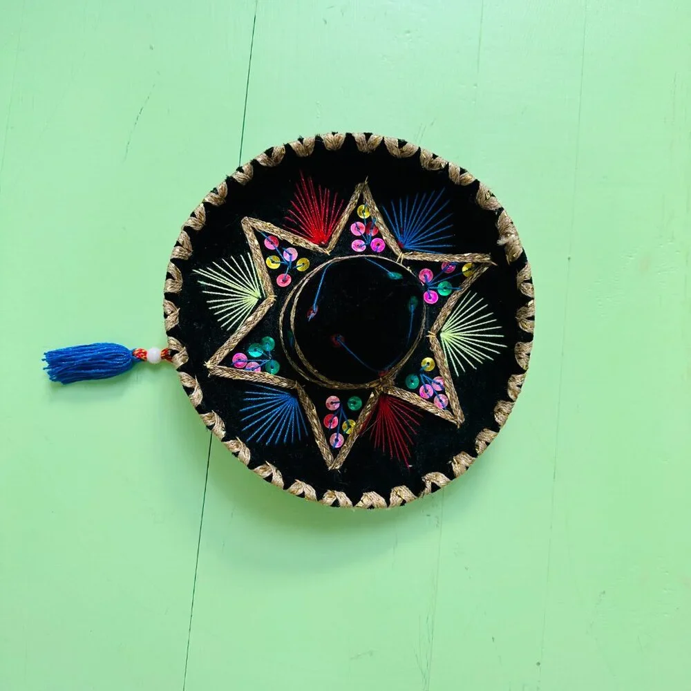 Vintage Mini Sombrero Black Velvet Mexican Hat Sequins Fiesta Decor 8